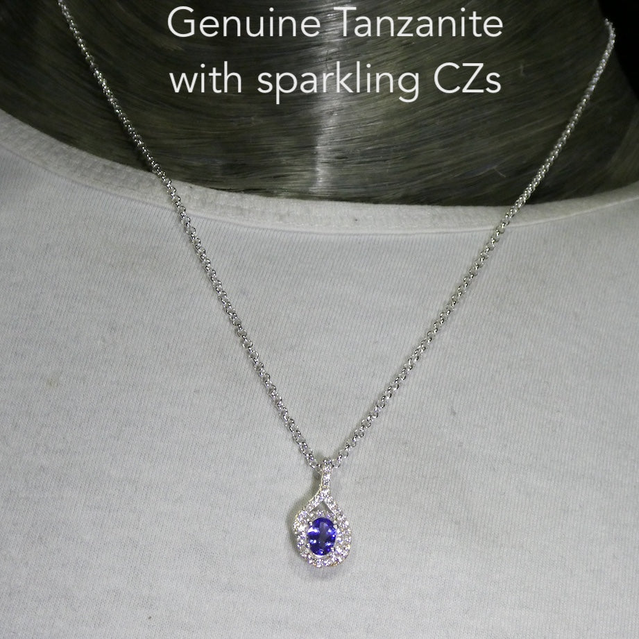 Tanzanite Gemstone Pendant  | Faceted Oval | AAA Grade | Natural Stone |
Art Deco Design | surrounded by diamond like CZ | 925 Sterling Silver | Rich violet Blue | Achieve your spiritual potential  | Genuine Gems from Crystal Heart Melbourne since 1986