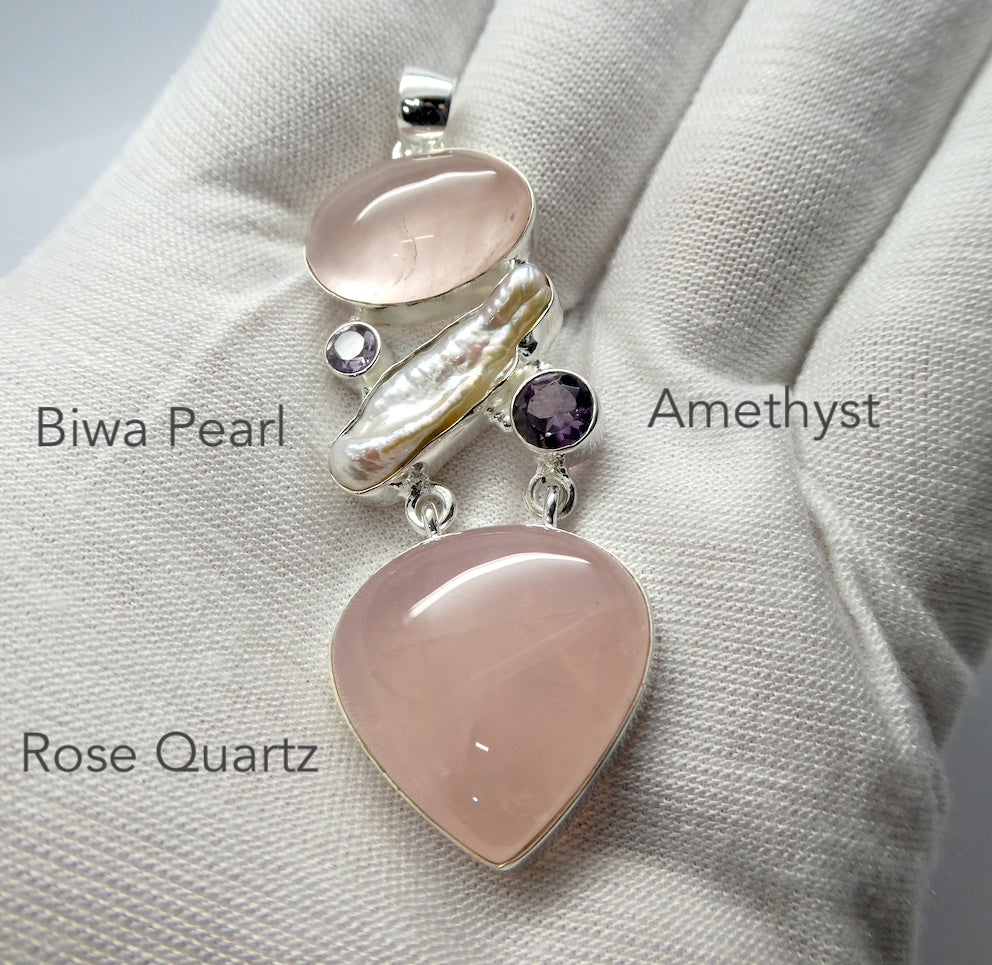 Rose Quartz Gemstone Pendant with Pearl and Amethyst | Lovely colour consistency and translucency | 925 Sterling Silver | Star Stone Taurus Libra  | Genuine Gemstones from Crystal Heart Melbourne since 1986 