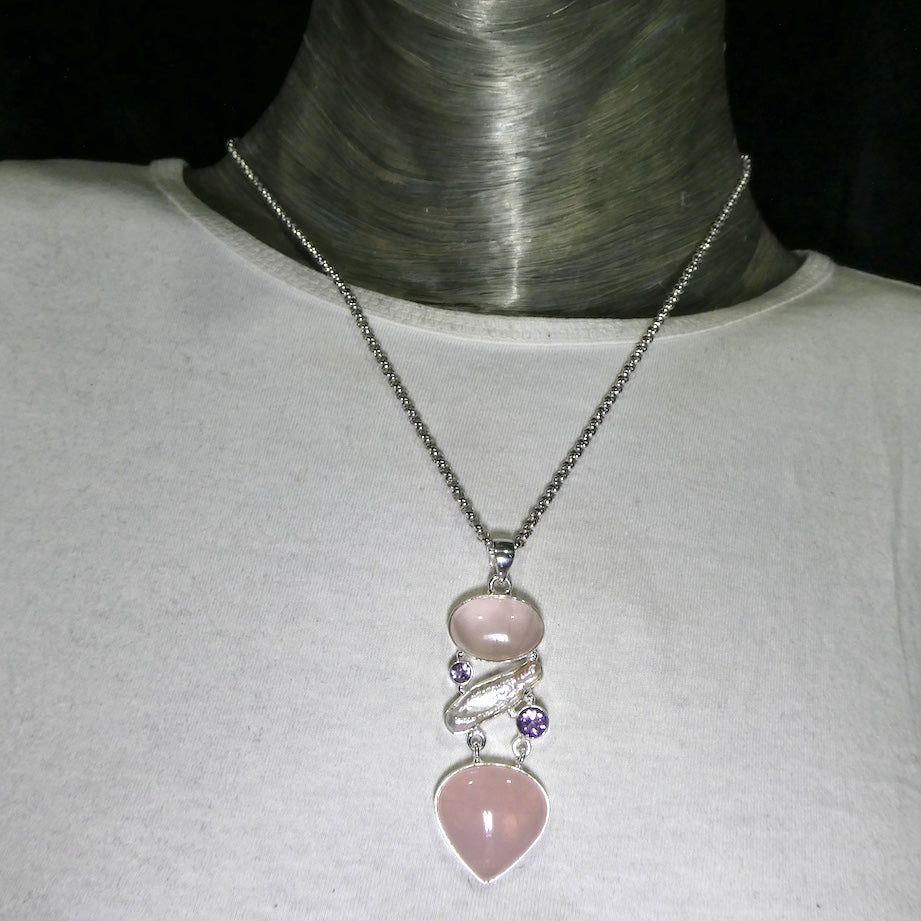 Rose Quartz Gemstone Pendant with Pearl and Amethyst | Lovely colour consistency and translucency | 925 Sterling Silver | Star Stone Taurus Libra  | Genuine Gemstones from Crystal Heart Melbourne since 1986 