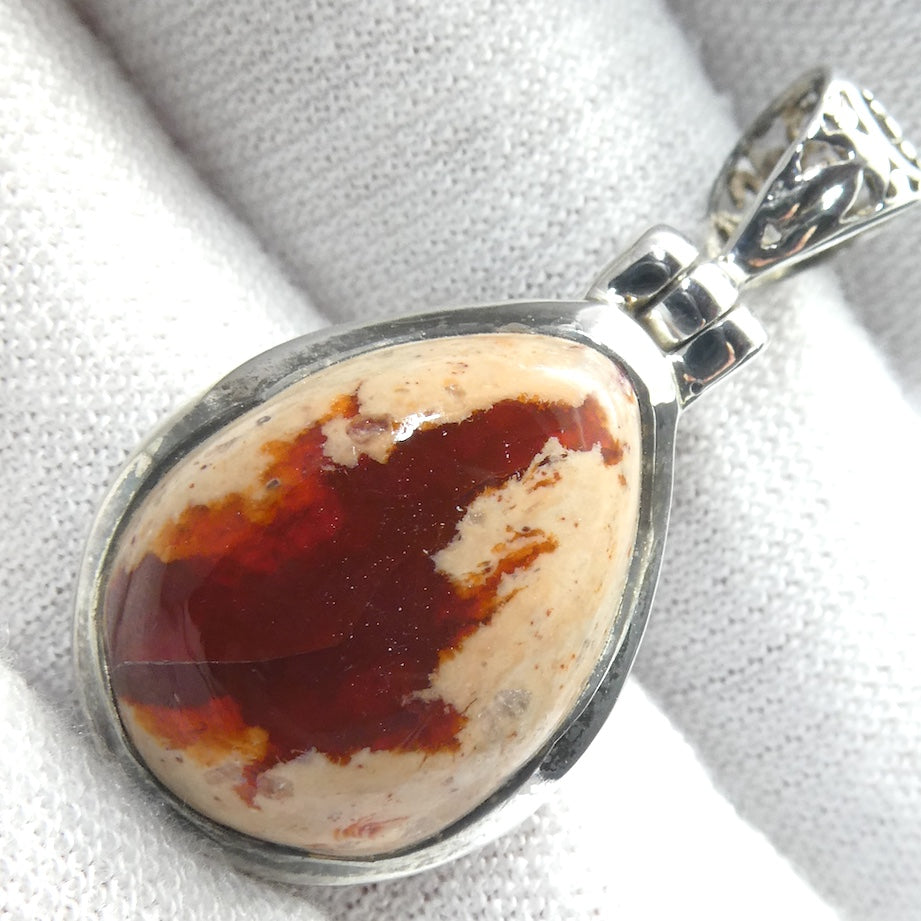 Mexican Fire Opal Pendant | Teardrop Cabochon | Vibrant orange red with transparency n Matrix | 925 Sterling Silver |   Leo Libra Aries Leo Sagittarius | Luck Creativity Abundance Passion | Grounding, good for creative business | Genuine Gems from Crystal Heart Melbourne Australia since 1986