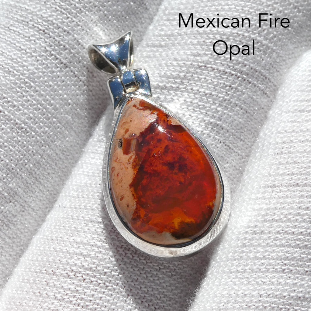 Mexican Fire Opal Pendant | Teardrop Cabochon | Vibrant orange red with transparency n Matrix | 925 Sterling Silver |   Leo Libra Aries Leo Sagittarius | Luck Creativity Abundance Passion | Grounding, good for creative business | Genuine Gems from Crystal Heart Melbourne Australia since 1986