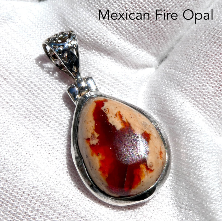 Mexican Fire Opal Pendant | Teardrop Cabochon | Vibrant orange red with transparency n Matrix | 925 Sterling Silver |   Leo Libra Aries Leo Sagittarius | Luck Creativity Abundance Passion | Grounding, good for creative business | Genuine Gems from Crystal Heart Melbourne Australia since 1986