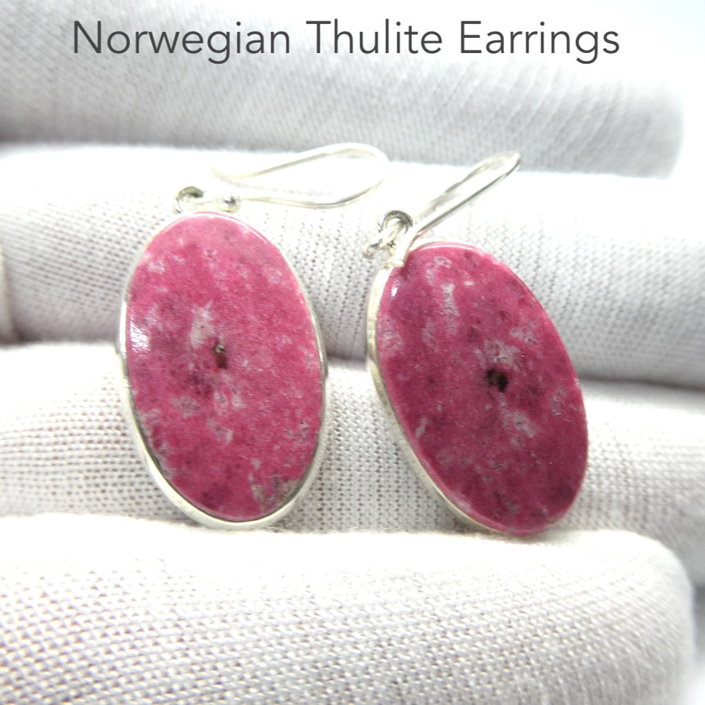 Thulite (Rosaline) Earrings | Oval Cabochons | 925 Sterling Silver | Bezel set | open back | Perfect deep pinkish red Zoisite variety from Norway | Healing Nurturing Relationship Emotional Trauma | Public speaking | Genuine Gems from Crystal Heart Melbourne Australia since 1986