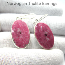 Load image into Gallery viewer, Thulite (Rosaline) Earrings | Oval Cabochons | 925 Sterling Silver | Bezel set | open back | Perfect deep pinkish red Zoisite variety from Norway | Healing Nurturing Relationship Emotional Trauma | Public speaking | Genuine Gems from Crystal Heart Melbourne Australia since 1986