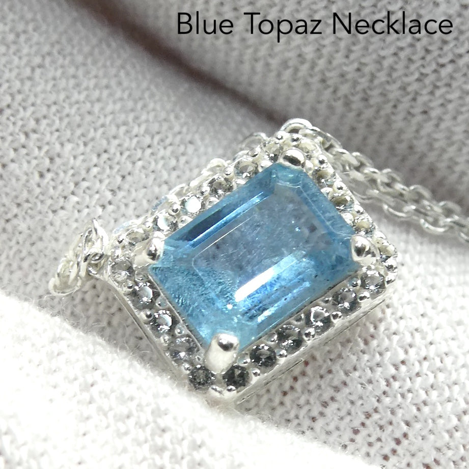 Blue Topaz Necklace | Sky Blue | Emerald Cut | 925 Sterling Silver | Dainty Silver Chain | Genuine Gems from Crystal Heart Melbourne Australia since 1986