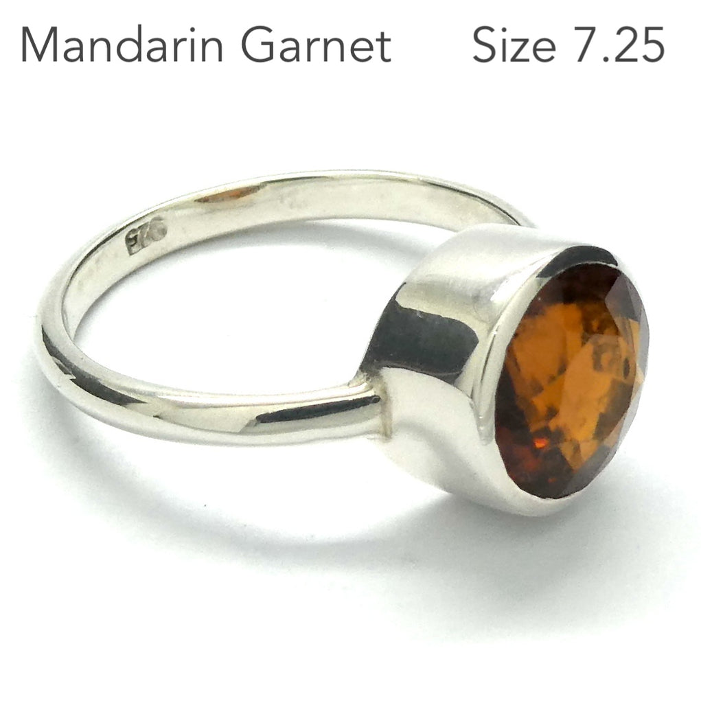 Genuine Mandarin Garnet Ring | Faceted Round | 925 Sterling Silver | US Size 7.25, AUS O | Prosperity, Creativity & Joy | Genuine Gems from Crystal Heart Melbourne Australia since 1986