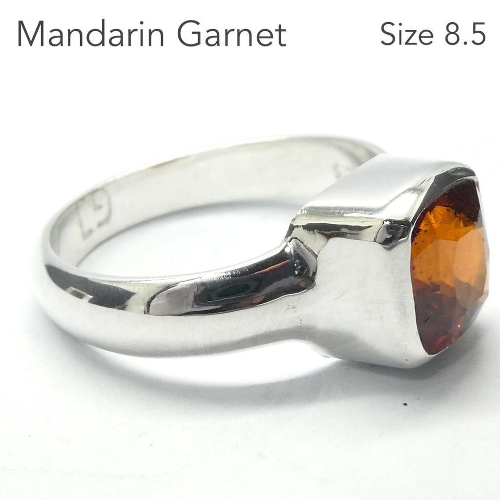 Genuine Mandarin Garnet Ring | Faceted Square | 925 Sterling Silver | US Size 8.5 | AUS Q1/2 | Prosperity, Creativity & Joy | Genuine Gems from Crystal Heart Melbourne Australia since 1986