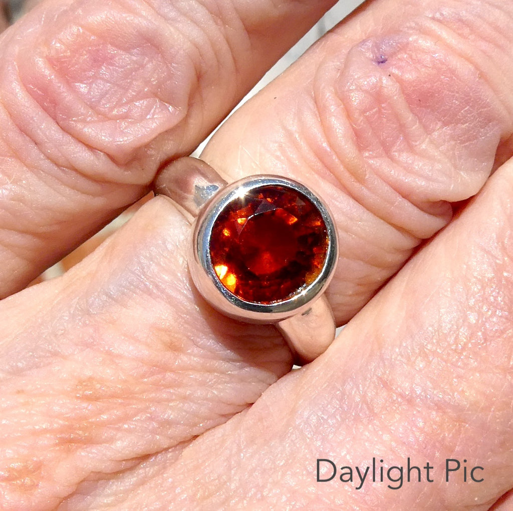 Genuine Mandarin Garnet Ring | Faceted Round | 925 Sterling Silver | US Size 7.25, AUS O | Prosperity, Creativity & Joy | Genuine Gems from Crystal Heart Melbourne Australia since 1986