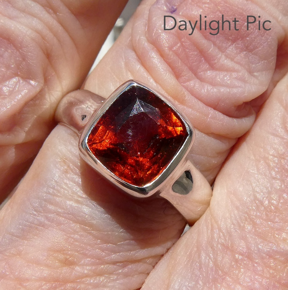 Genuine Mandarin Garnet Ring | Faceted Square | 925 Sterling Silver | US Size 8.5 | AUS Q1/2 | Prosperity, Creativity & Joy | Genuine Gems from Crystal Heart Melbourne Australia since 1986