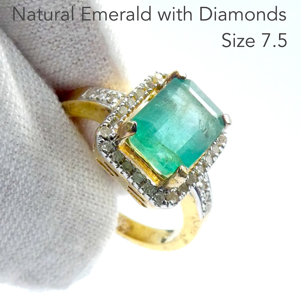 Genuine Natural Emerald Ring | Zambian Stone | Natural Diamonds Surround | Gold Plated 925 Sterling Silver | Creative Joy | Wisdom of the Heart | Genuine gems from Crystal Heart Melbourne Australia since 1986