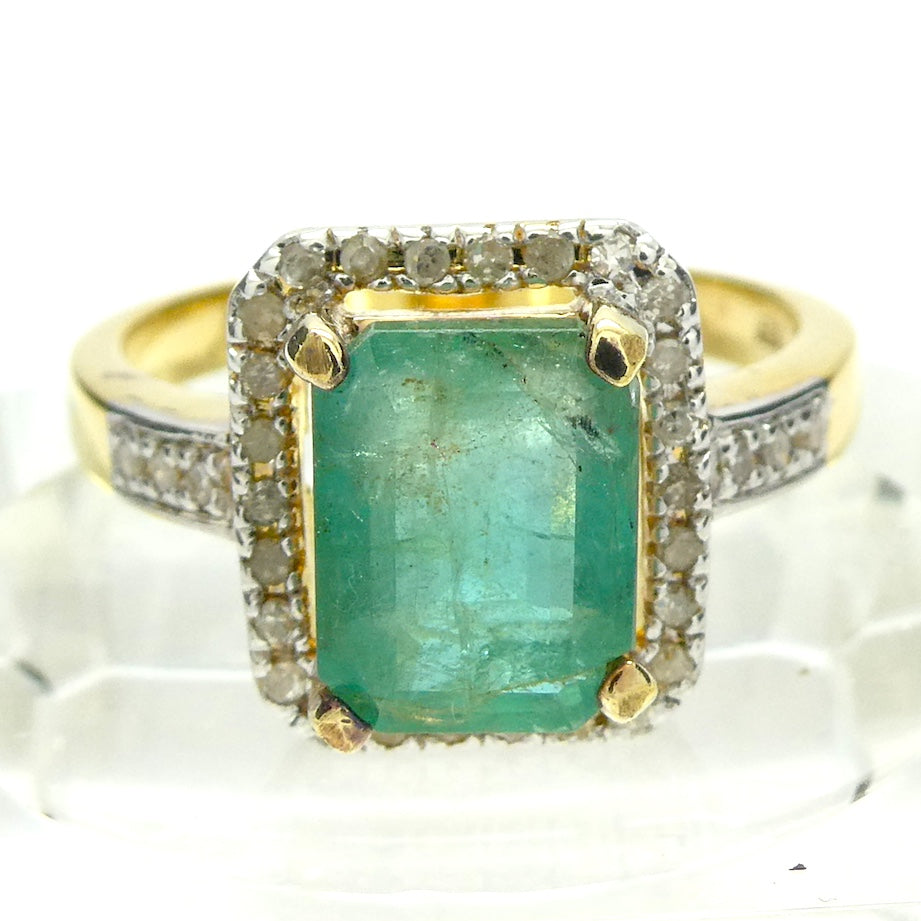 Genuine Natural Emerald Ring | Zambian Stone | Natural Diamonds Surround | Gold Plated 925 Sterling Silver | Creative Joy | Wisdom of the Heart | Genuine gems from Crystal Heart Melbourne Australia since 1986