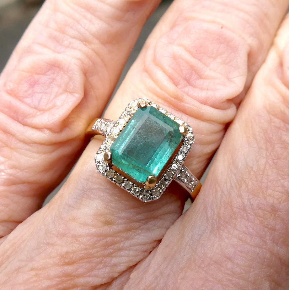 Genuine Natural Emerald Ring | Zambian Stone | Natural Diamonds Surround | Gold Plated 925 Sterling Silver | Creative Joy | Wisdom of the Heart | Genuine gems from Crystal Heart Melbourne Australia since 1986