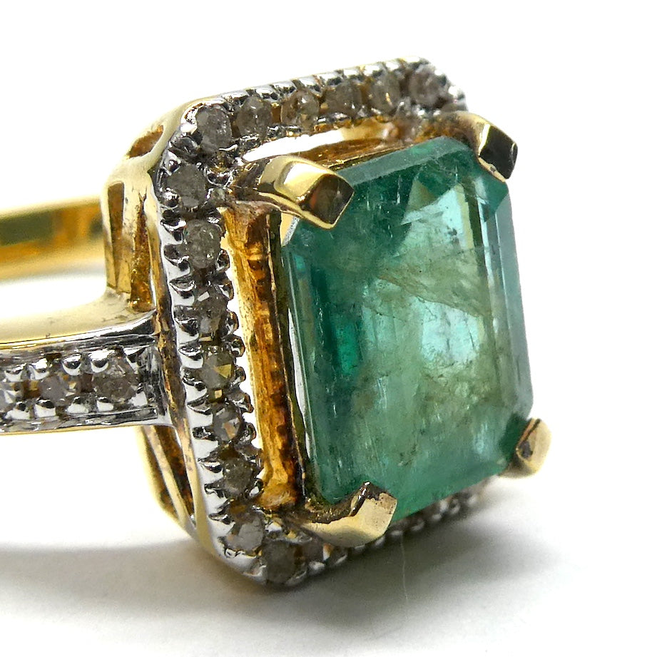 Genuine Natural Emerald Ring | Zambian Stone | Natural Diamonds Surround | Gold Plated 925 Sterling Silver | Creative Joy | Wisdom of the Heart | Genuine gems from Crystal Heart Melbourne Australia since 1986