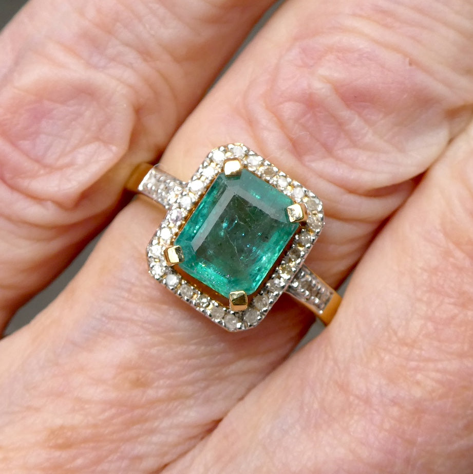 Genuine Natural Emerald Ring | Zambian Stone | Natural Diamonds Surround | Gold Plated 925 Sterling Silver | Creative Joy | Wisdom of the Heart | Genuine gems from Crystal Heart Melbourne Australia since 1986