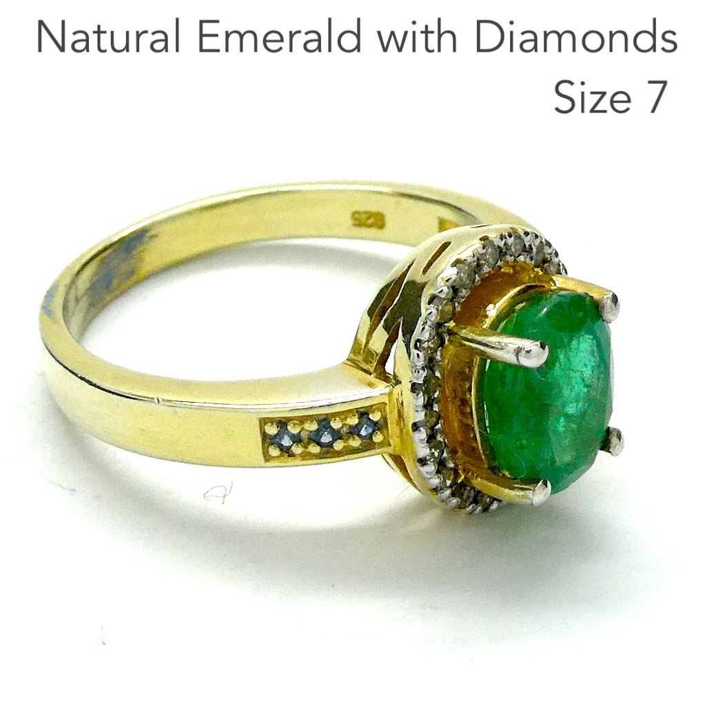 Genuine Natural Emerald Ring | Zambian Stone | Natural Diamonds Surround | Gold Plated 925 Sterling Silver | Creative Joy | Wisdom of the Heart | Genuine gems from Crystal Heart Melbourne Australia since 1986