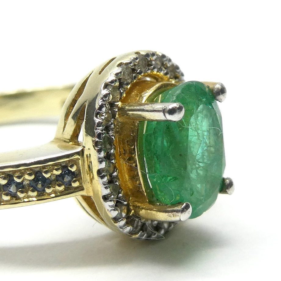 Genuine Natural Emerald Ring | Zambian Stone | Natural Diamonds Surround | Gold Plated 925 Sterling Silver | Creative Joy | Wisdom of the Heart | Genuine gems from Crystal Heart Melbourne Australia since 1986