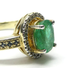 Load image into Gallery viewer, Genuine Natural Emerald Ring | Zambian Stone | Natural Diamonds Surround | Gold Plated 925 Sterling Silver | Creative Joy | Wisdom of the Heart | Genuine gems from Crystal Heart Melbourne Australia since 1986