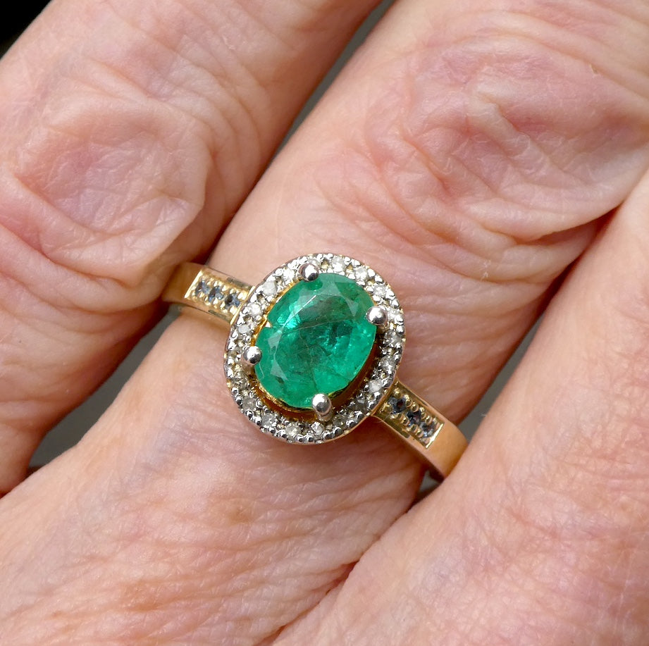 Genuine Natural Emerald Ring | Zambian Stone | Natural Diamonds Surround | Gold Plated 925 Sterling Silver | Creative Joy | Wisdom of the Heart | Genuine gems from Crystal Heart Melbourne Australia since 1986