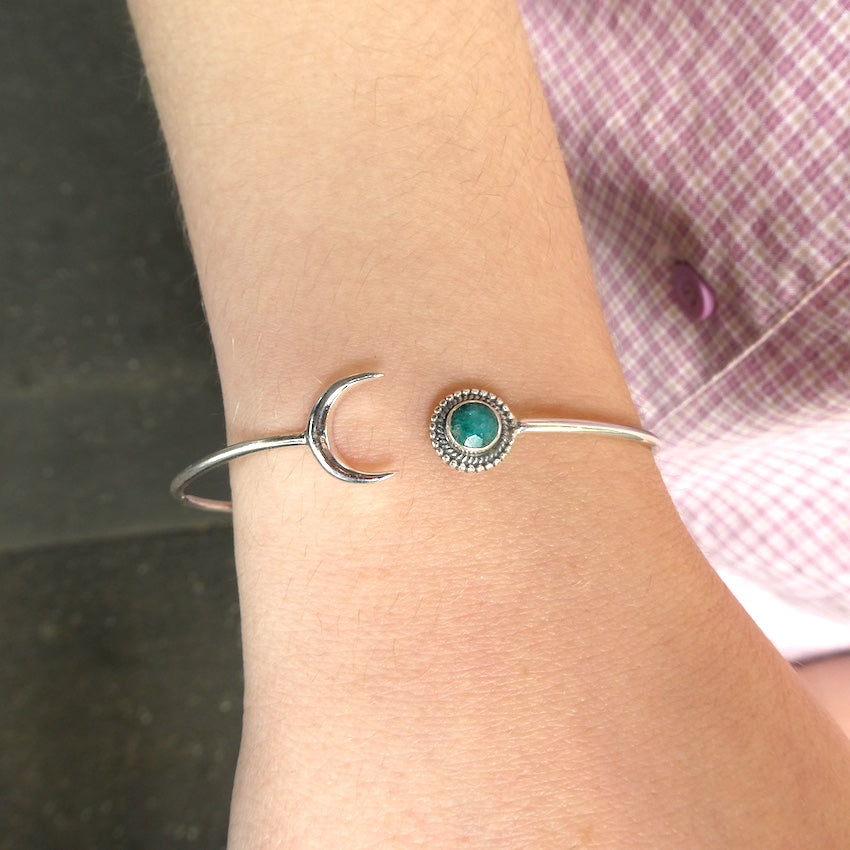 Emerald Cuff Bracelet | 925 Sterling Silver | Round Faceted emerald | Silver Moon | Genuine Gemstones from Crystal Heart Melbourne Australia since 1986