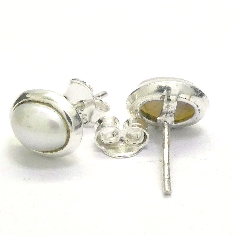 Freshwater Pearl Stud Earrings | Ringed Ovals | 925 Sterling Silver | Substantial Bezel Setting | Genuine Gems from Crystal Heart Melbourne Australia since 1986
