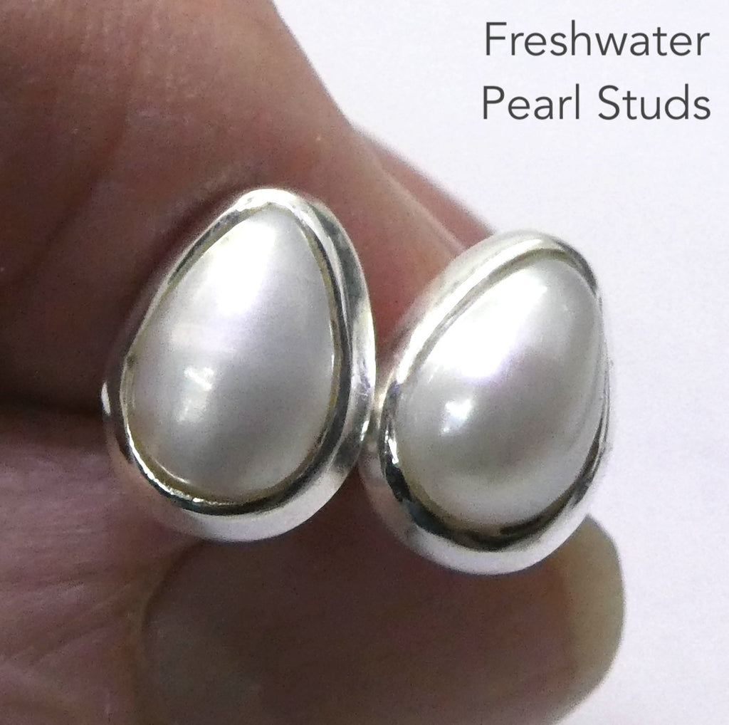 Freshwater Pearl Stud Earrings | Ringed Pears | 925 Sterling Silver | Substantial Bezel Setting | Genuine Gems from Crystal Heart Melbourne Australia since 1986
