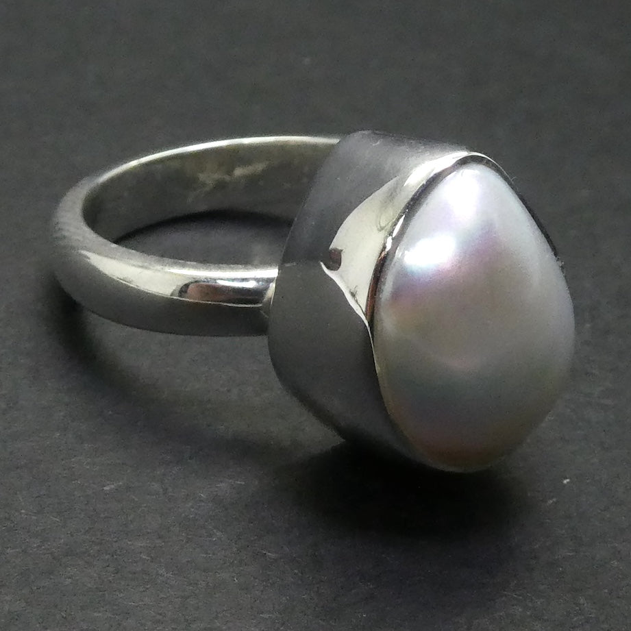 Freshwater Pearl Ring | Freeform | 925 Sterling Silver | Substantial Open Bezel Setting | Adjustable Size | Genuine Gems from Crystal Heart Melbourne Australia since 1986
