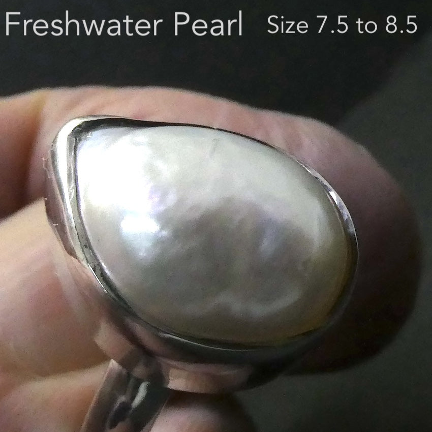 Freshwater Pearl Ring | Freeform | 925 Sterling Silver | Substantial Open Bezel Setting | Adjustable Size | Genuine Gems from Crystal Heart Melbourne Australia since 1986
