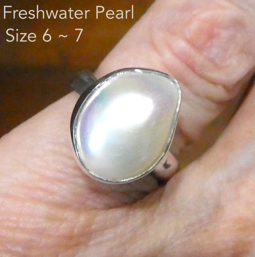 Freshwater Pearl Ring | Freeform | 925 Sterling Silver | Substantial Open Bezel Setting | Adjustable Size | Genuine Gems from Crystal Heart Melbourne Australia since 1986
