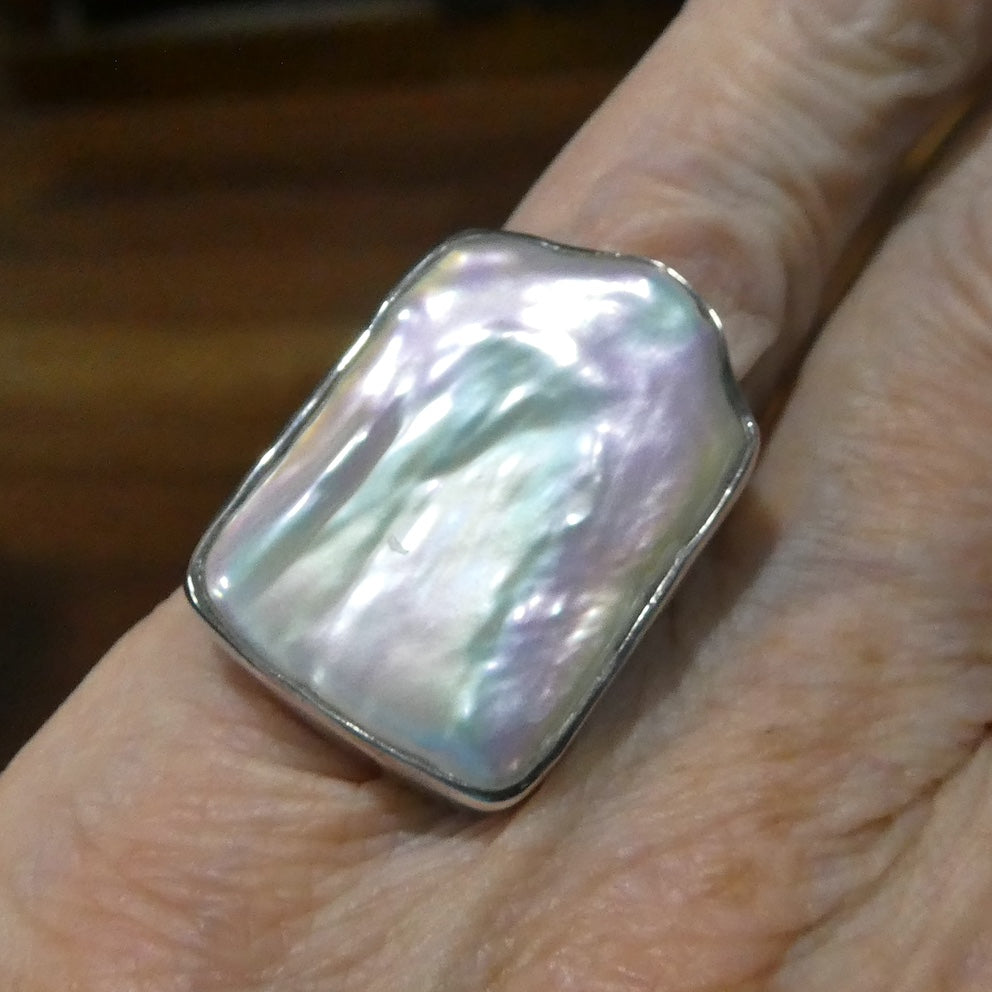 Baroque Pearl Ring | Large Natural Freshwater Freeform | 925 Sterling Silver | Substantial Open Bezel Setting | US Size 6.5 | Genuine Gems from Crystal Heart Melbourne Australia since 1986