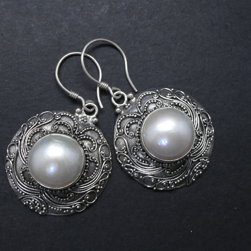 Pearl Earrings | Large Natural Pearls in wide Ethnic Border| 925 Sterling Silver | Genuine Gems from Crystal Heart Melbourne Australia since 1986
