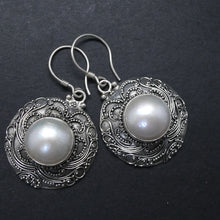 Load image into Gallery viewer, Pearl Earrings | Large Natural Pearls in wide Ethnic Border| 925 Sterling Silver | Genuine Gems from Crystal Heart Melbourne Australia since 1986
