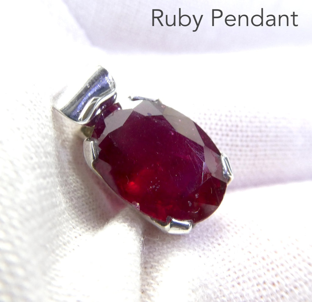 Ruby Pendant | Faceted Oval | Good transparency | Strong Red | Kanchanaburi | Thailand | 925 Sterling Silver | strong Claws | Open Back | Genuine Gems from Crystal Heart Melbourne Australia  since 1986