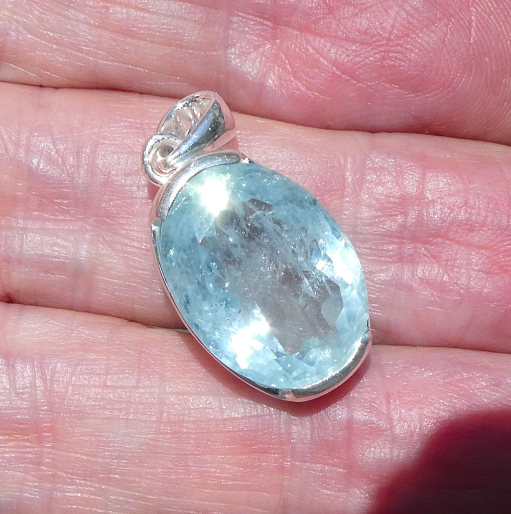 Aquamarine Gemstone Pendant | Large Faceted Oval | Nice Blue and Transparency with inclusions | 925 Sterling Silver | Bezel Set | Open Back | Peaceful emotional guidance and integration | Flow through obstacles | Aries | Gemini | scorpio | Genuine Gemstones from Crystal Heart Melbourne Australia since 1986