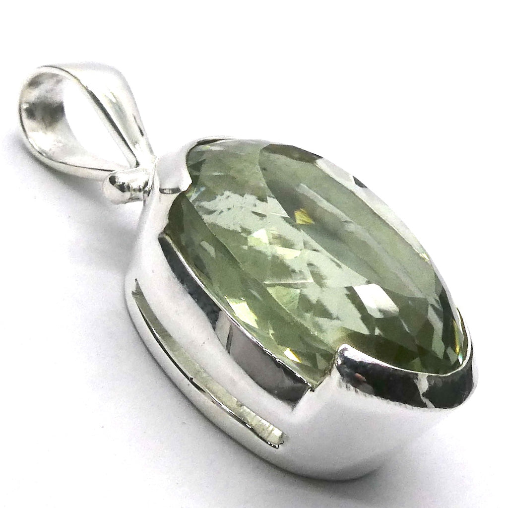 Green Amethyst Pendant, Large Faceted Oval, 925 Sterling Silver, g1