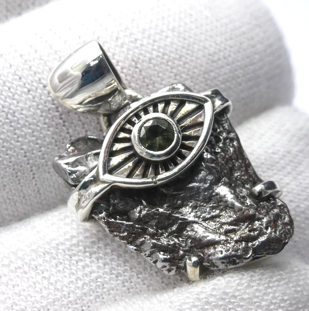 Moldavite over Nickel Iron Meteorite Pendant | Evil Eye Sun Symbol | Campo de Cielo | Slovakia | Natural Freeform Shapes | 925 Sterling Silver | Travel, Safety, Rugged Strength | Silent connected Meditation | Genuine Gems from Crystal Heart Australia since 1986