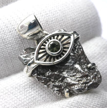 Load image into Gallery viewer, Moldavite over Nickel Iron Meteorite Pendant | Evil Eye Sun Symbol | Campo de Cielo | Slovakia | Natural Freeform Shapes | 925 Sterling Silver | Travel, Safety, Rugged Strength | Silent connected Meditation | Genuine Gems from Crystal Heart Australia since 1986