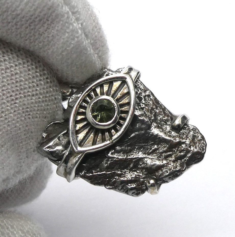 Moldavite over Nickel Iron Meteorite Pendant | Evil Eye Sun Symbol | Campo de Cielo | Slovakia | Natural Freeform Shapes | 925 Sterling Silver | Travel, Safety, Rugged Strength | Silent connected Meditation | Genuine Gems from Crystal Heart Australia since 1986