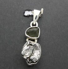 Load image into Gallery viewer, Moldavite over Nickel Iron Meteorite Pendant | Campo de Cielo | Chechia | Natural Freeform Shapes | 925 Sterling Silver | Travel, Safety, Rugged Strength | Silent  Space | Universal to Earth connected Meditation | Genuine Gems from Crystal Heart Australia since 1986