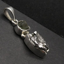 Load image into Gallery viewer, Moldavite over Nickel Iron Meteorite Pendant | Campo de Cielo | Chechia | Natural Freeform Shapes | 925 Sterling Silver | Travel, Safety, Rugged Strength | Silent  Space | Universal to Earth connected Meditation | Genuine Gems from Crystal Heart Australia since 1986