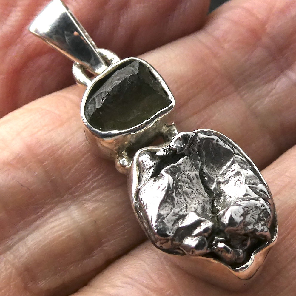 Moldavite over Nickel Iron Meteorite Pendant | Campo de Cielo | Chechia | Natural Freeform Shapes | 925 Sterling Silver | Travel, Safety, Rugged Strength | Silent  Space | Universal to Earth connected Meditation | Genuine Gems from Crystal Heart Australia since 1986