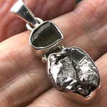 Load image into Gallery viewer, Moldavite over Nickel Iron Meteorite Pendant | Campo de Cielo | Chechia | Natural Freeform Shapes | 925 Sterling Silver | Travel, Safety, Rugged Strength | Silent  Space | Universal to Earth connected Meditation | Genuine Gems from Crystal Heart Australia since 1986