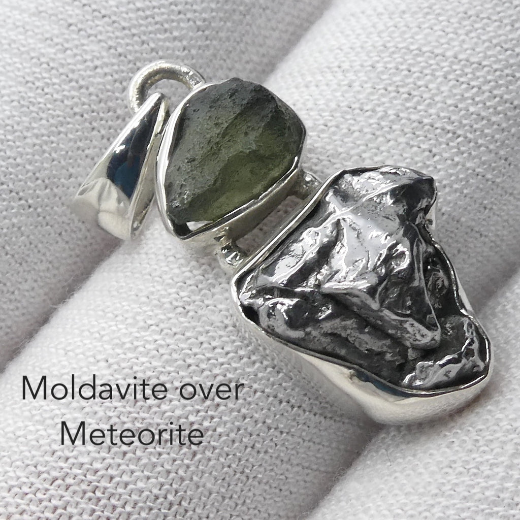 Moldavite over Nickel Iron Meteorite Pendant | Campo de Cielo | Chechia | Natural Freeform Shapes | 925 Sterling Silver | Travel, Safety, Rugged Strength | Silent  Space | Universal to Earth connected Meditation | Genuine Gems from Crystal Heart Australia since 1986