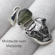 Load image into Gallery viewer, Moldavite over Nickel Iron Meteorite Pendant | Campo de Cielo | Chechia | Natural Freeform Shapes | 925 Sterling Silver | Travel, Safety, Rugged Strength | Silent  Space | Universal to Earth connected Meditation | Genuine Gems from Crystal Heart Australia since 1986