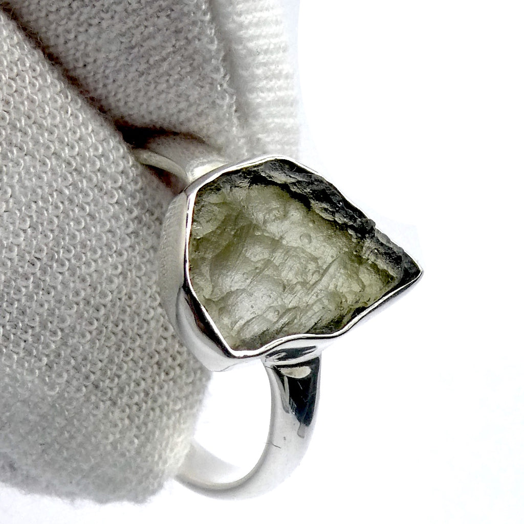 Raw Natural Moldavite Ring | 925 Sterling Silver | Bezel Set | Open back | US Size 7 | Aus Size N1/2 | Green Obsidian | Chechya | Intense Personal Heart Transformation | Scorpio Stone | Genuine Gems from Crystal Heart Melbourne Australia since 1986