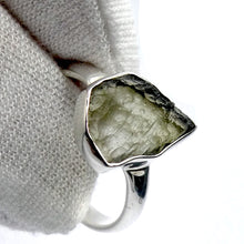 Load image into Gallery viewer, Raw Natural Moldavite Ring | 925 Sterling Silver | Bezel Set | Open back | US Size 7 | Aus Size N1/2 | Green Obsidian | Chechya | Intense Personal Heart Transformation | Scorpio Stone | Genuine Gems from Crystal Heart Melbourne Australia since 1986