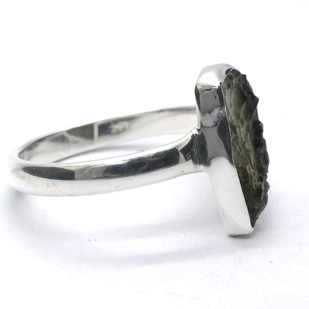 Raw Natural Moldavite Ring | 925 Sterling Silver | Bezel Set | Open back | US Size 7 | Aus Size N1/2 | Green Obsidian | Chechya | Intense Personal Heart Transformation | Scorpio Stone | Genuine Gems from Crystal Heart Melbourne Australia since 1986