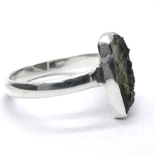 Load image into Gallery viewer, Raw Natural Moldavite Ring | 925 Sterling Silver | Bezel Set | Open back | US Size 7 | Aus Size N1/2 | Green Obsidian | Chechya | Intense Personal Heart Transformation | Scorpio Stone | Genuine Gems from Crystal Heart Melbourne Australia since 1986