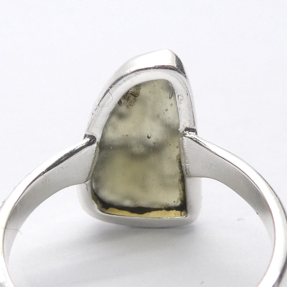 Raw Natural Moldavite Ring | 925 Sterling Silver | Bezel Set | Open back | US Size 5.75 | Aus Size L | Green Obsidian | Chechya | Intense Personal Heart Transformation | Scorpio Stone | Genuine Gems from Crystal Heart Melbourne Australia since 1986