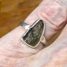 Load image into Gallery viewer, Raw Natural Moldavite Ring | 925 Sterling Silver | Bezel Set | Open back | US Size 5.75 | Aus Size L | Green Obsidian | Chechya | Intense Personal Heart Transformation | Scorpio Stone | Genuine Gems from Crystal Heart Melbourne Australia since 1986