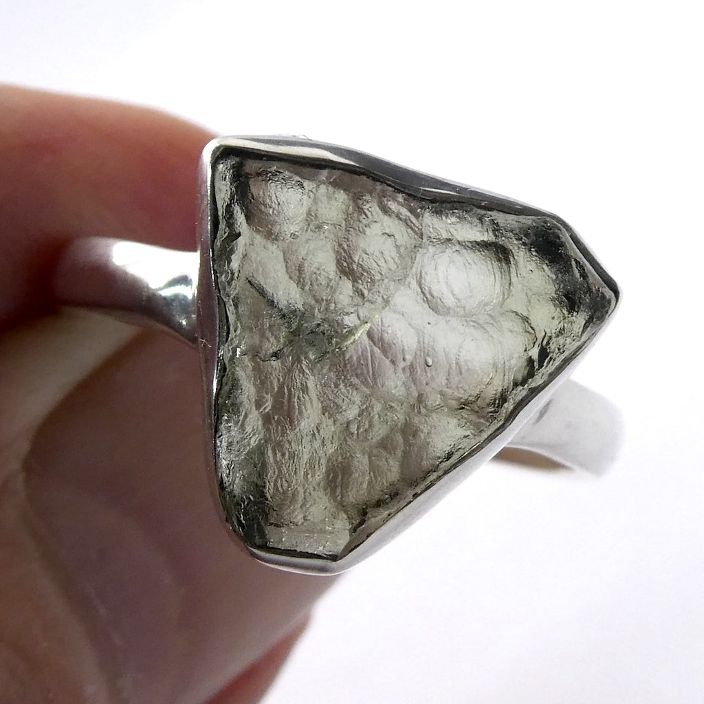 Raw Natural Moldavite Ring | 925 Sterling Silver | Bezel Set | Open back | US Size 8.5 | Aus Size Q1/2 | Green Obsidian | Chechya | Intense Personal Heart Transformation | Scorpio Stone | Genuine Gems from Crystal Heart Melbourne Australia since 1986